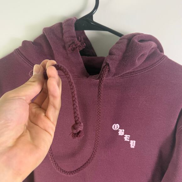 Obey Maroon Hoodie with Pink Floral Sleeves - Picture 2 of 6